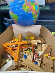 lot 1592 image: Large Box of Wooden Train Tracks, Trains, and Much More
