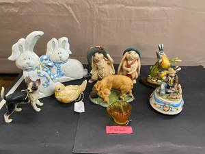 lot 1599 image: Glama Music Box Dancer, Ceramic Gold Finch, Gold Dove Candle Holder, Wood Bunnies (2), Ceramic Bunnies (2)