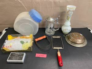 lot 1605 image: Frosted Base, Colander, Vintage Cheese Slicer, Androck Dough Blender Wood Handle, and More
