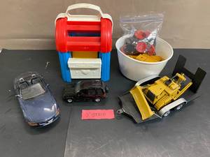lot 1609 image: Fisher Price Mailbox, Wood Dominos, Car Toys, Trailer, CAT Bulldozer (Broken)