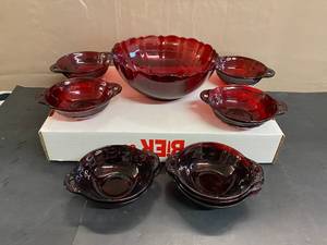 lot 1626 image: Ruby Red Depression Glass (9) Arcoroc France Ruby Red Bowl