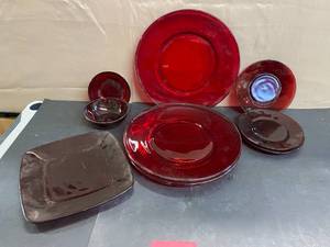lot 1629 image: Ruby Red Depression Glass Plates and Bowls (9Pcs)