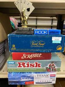 lot 1636 image: Games - Rook, Trivia Pursuit, Scrabble, Risk, Titanic Model Kit 1600th Scale