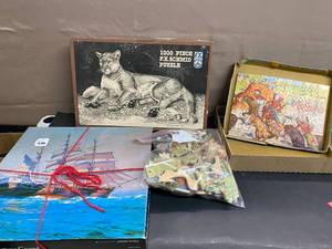lot 1639 image: Wood Cowboys and Indians Puzzle, 1989 Dick Kramer 1000 Piece F.X.Schmid, Andrew Hicks on Hatteras Ground, Kids Puzzle