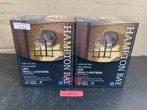 lot 1555 image: NEW Original Box (2) Hampton Bay Small Exterior LED Wall Lantern Black Finish Clear Beveled Glass 4.6W x 8.4H x 5.8D