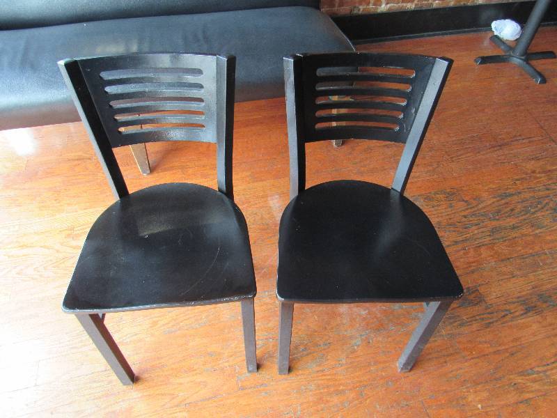 lot 1714 image: Pair Of Matching Black Metal Frame Chairs With Wooden Backs And Seats