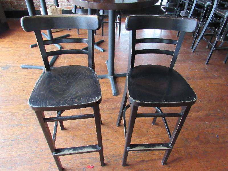 lot 1727 image: Pair Of Matching Black Wooden Bar Height Chairs