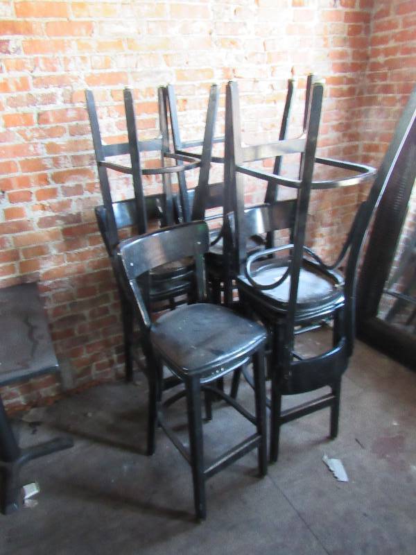 lot 1796 image: Lot of (7) Wooden Black Vinyl Padded Bar Height Chairs