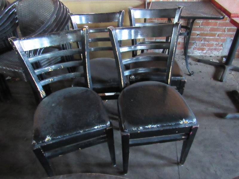 lot 1799 image: Lot of (4) Wooden Black Vinyl Padded Standard Height Chairs