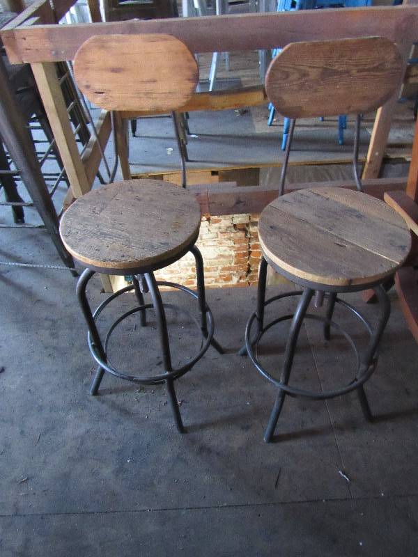 lot 1803 image: Pair of Like New Distressed Wood Adjustable Bar Height Chairs