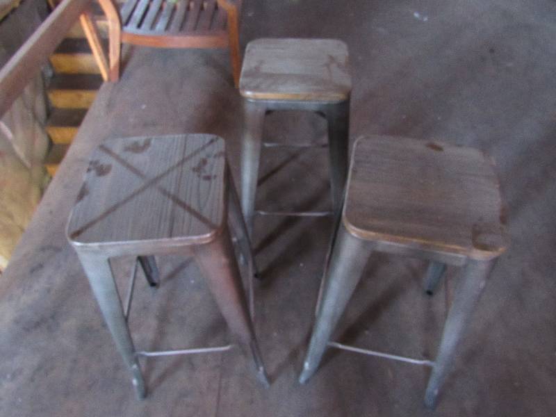 lot 1808 image: Lot Of (3) Wooden Seat Metal Frame Bar Stools