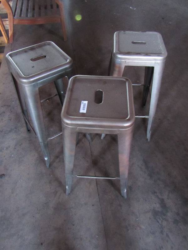 lot 1810 image: Lot Of (3) Dark Brown Stamped Steel Bar Stools