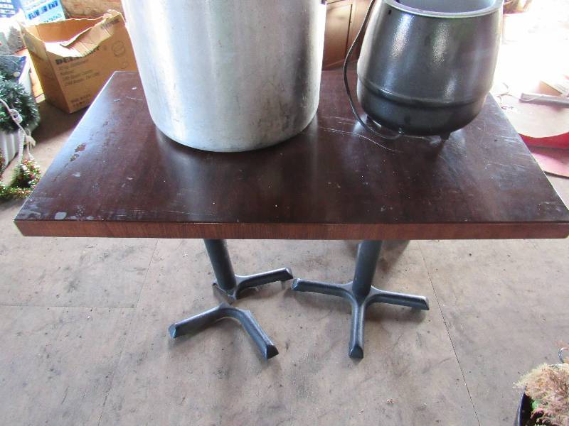 lot 1847 image: 48 Butcher Block Style Table On Metal Legs(One Leg Is Broken)