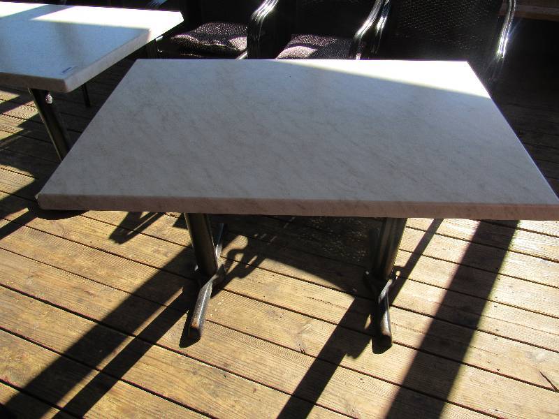 lot 1755 image: 42 Marbled Composite Top Table On Double Heavy Metal Legs