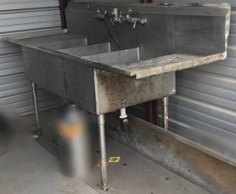 lot 2166 image: 3 Bin Stainless Steel Sink with Faucet Includes Stainless Shelf  Back Splash