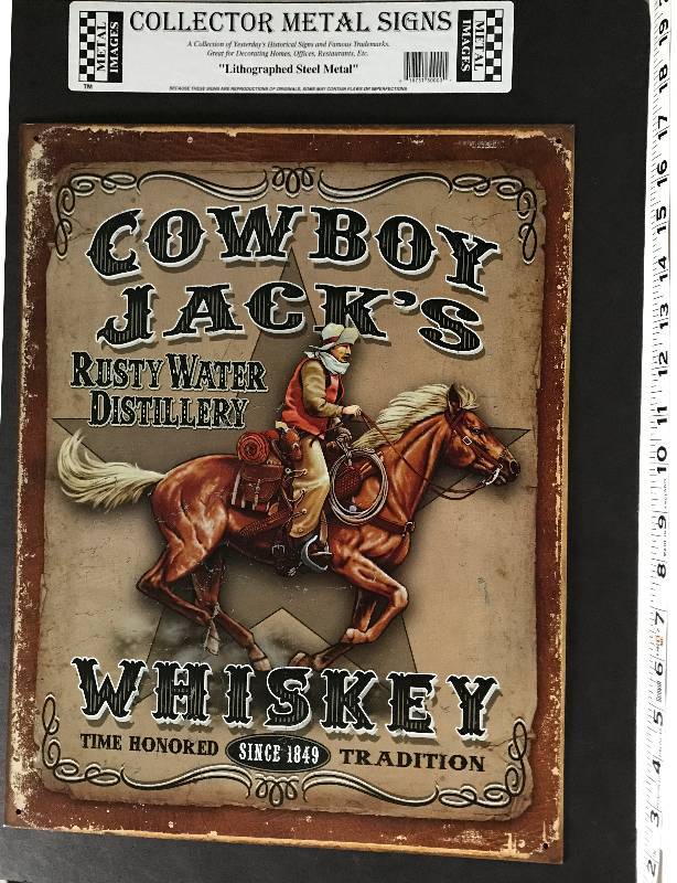 lot 2265 image: Big Tin Cowboy Jacks Whiskey Sign - Rusty Water Distillery