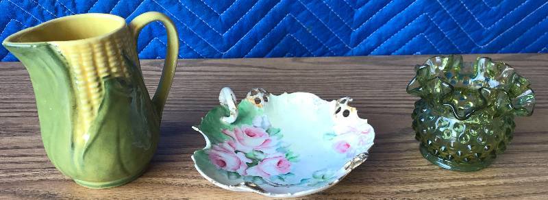 lot 2313 image: ASSORTED GLASSWARE - Corn Pitcher, Green Dish and Glass Tray
