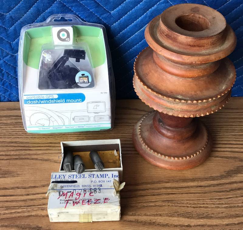 lot 2315 image: Portable GPS Mount, Wooden Spool & 3 Metal Stamps