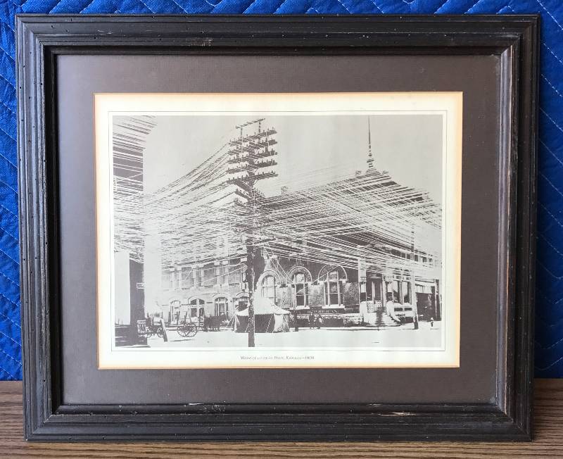 lot 2320 image: Vintage Image Maze of wires. Pratt, KS 1908 powerlines artwork in frame