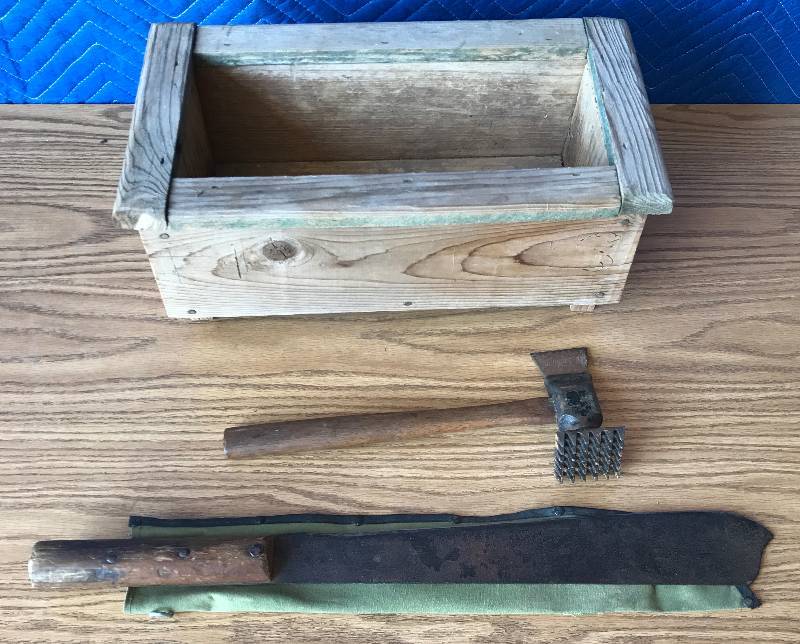 lot 2327 image: Neat wooden handle tools Machete an a tenderizerhammer axe with rustic wood box