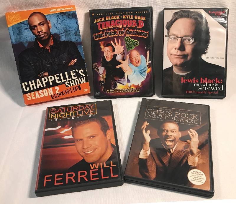 lot 2199 image: 5 DVD Movies - Red, White & Screwed , Chappelles Show, Best of Saturday NightLive, Tenacious D & Chris Rock