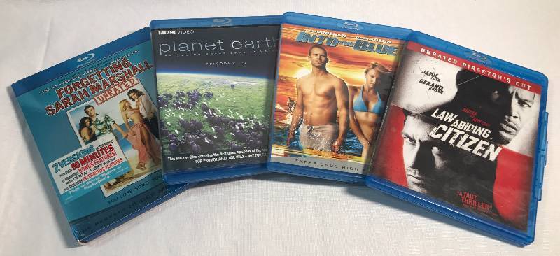 lot 2201 image: 4 Blu-Ray DVD LOT - Forgetting Sarah Marshall, Planet Earth, Into the Blue & Law Abiding Citizen