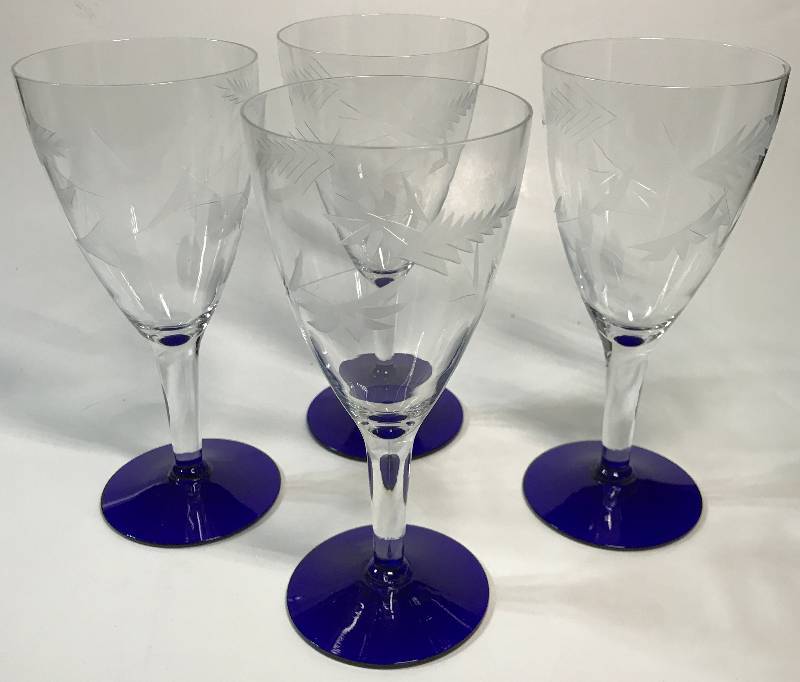 lot 2285 image: Etched Crystal Stemware with Cobalt Blue Base