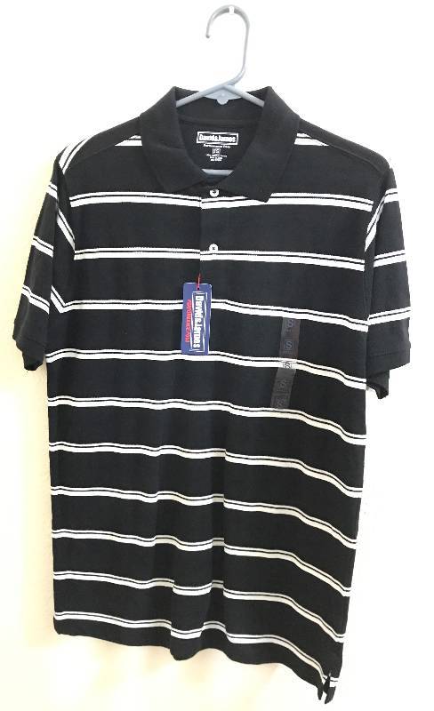 lot 2293 image: Shirt POLO Style size small Black with white stripes - NEW with tags