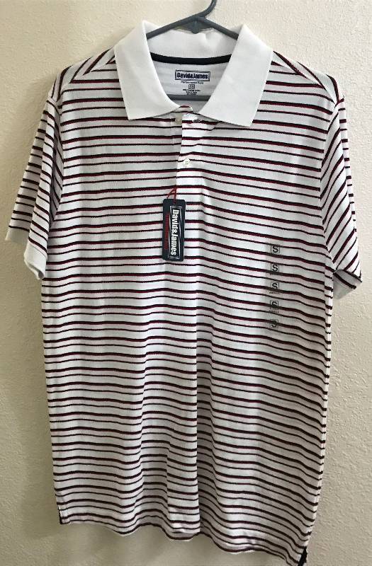lot 2294 image: Shirt POLO Style size small White with red and blue stripes - NEW with tags