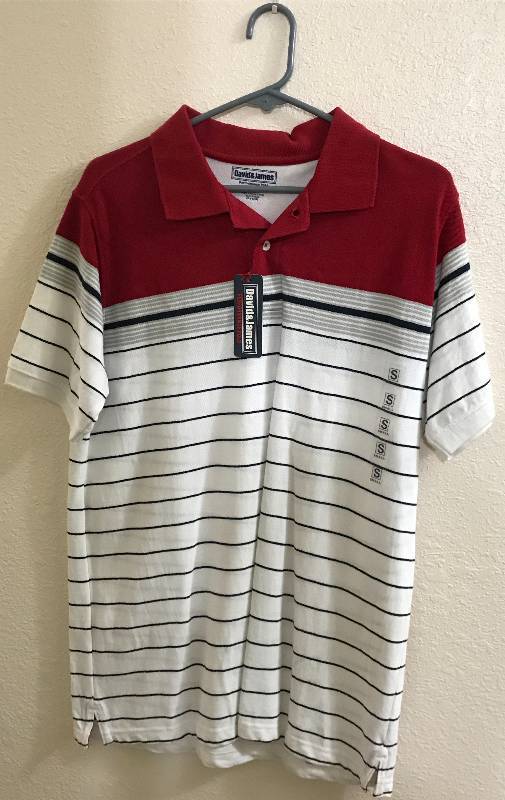 lot 2295 image: Shirt POLO Style size small red and white with black & gray stripes - NEW with tags