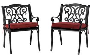 lot 67101 image: Oakshire Park Cushioned Aluminum Outdoor Dining Chairs with Red Cushions (2-Pack)
