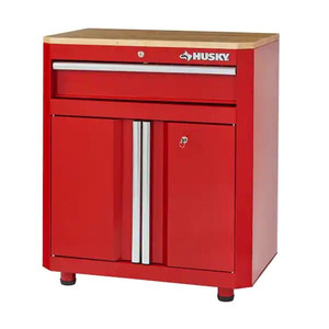 lot 67109 image: Husky Ready-to-Assemble 24-Gauge Steel 1-Drawer 2-Door Garage Base Cabinet in Red (28 in. W x 33 in. H x 18 in. D)