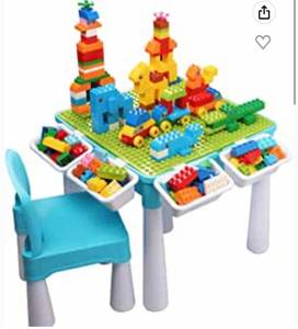lot 67169 image: burgkidz Kids 5-in-1 Multi Activity Table Set - Building Block Table with Storage - Play Table Includes 1 Chair and 130 Pieces Compatible Large Bricks Building Blocks for Ages 2 and Up (Blue)