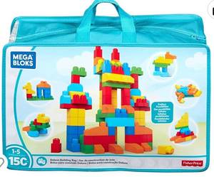 lot 67171 image: MEGA BLOKS Fisher Price Toddler Block Toys, Deluxe Building Bag With 150 Pieces and Storage Bag, Gift Ideas For Kids Age 1 Years