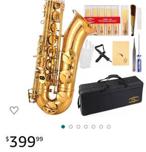 lot 67175 image: Glory Gold Laquer B Flat Tenor Saxophone with Case,10pc Reeds,Mouth Piece,Screw Driver,Nipper. A pair of gloves, Soft Cleaning Cloth.