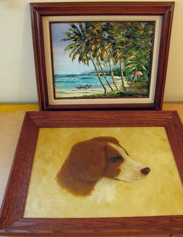 lot 6273 image: Framed art pictures dog & beach with palm trees
