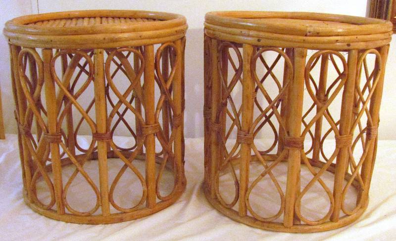 lot 6297 image: Set of 2 round BAMBOO tables - short end tables or plant stands