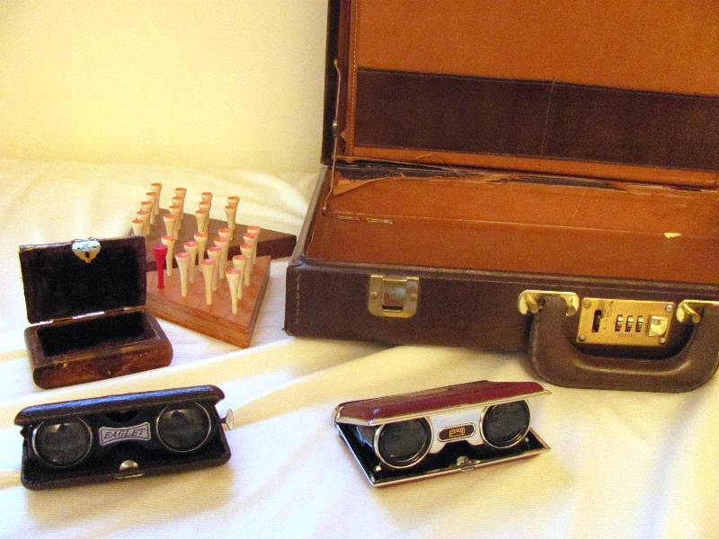 lot 6326 image: Briefcase with Contents - Tricky Triangle Games, Binoculars & Small Box