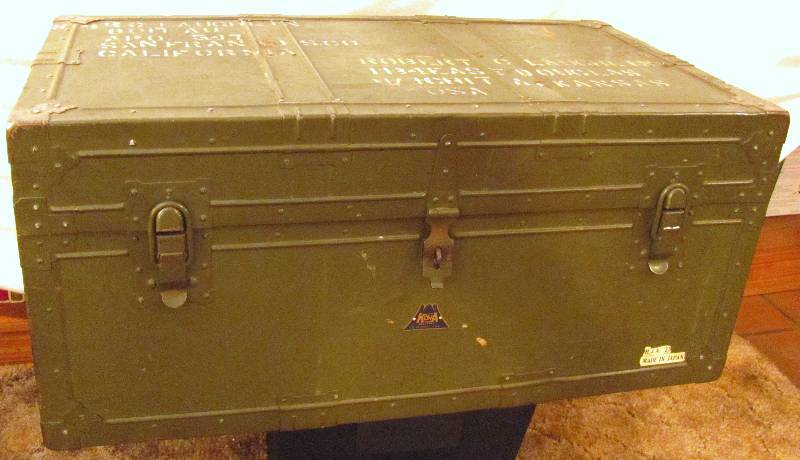 lot 7042 image: Old Metal Army Green Trunk - Very Collectible