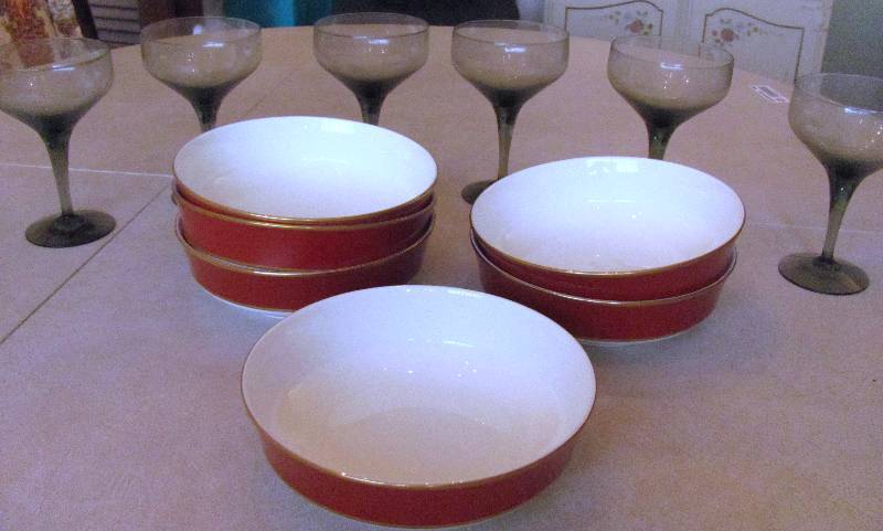 lot 7062 image: 6 Piece Stemware & 6 Bowls - Mikasa Bone China - Egyptian Terracotta