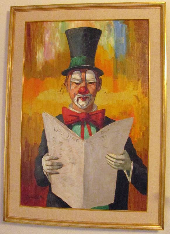 lot 7115 image: Clown picture illustration - reading the Wall Street Journal