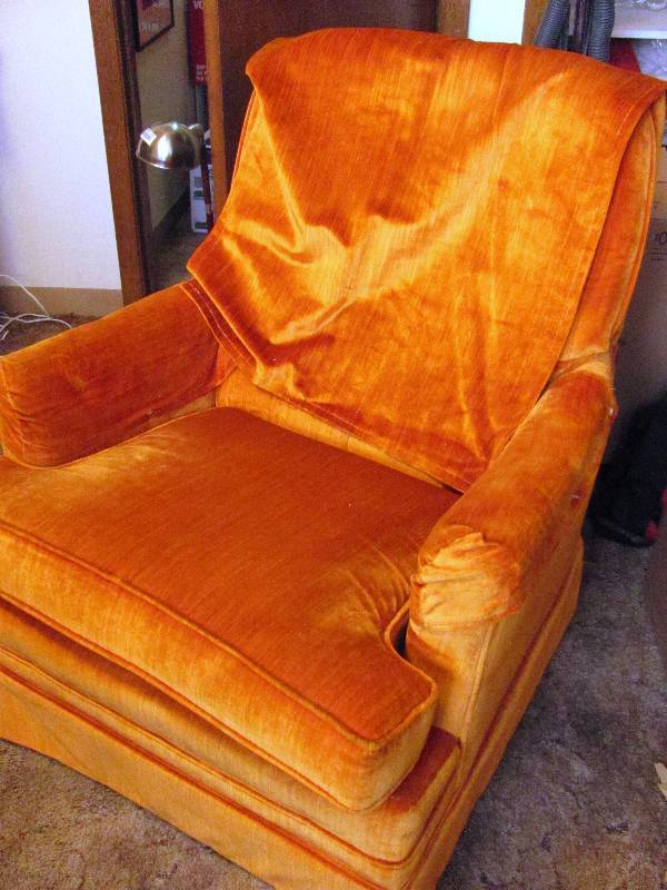 lot 7119 image: Awesome Mid-Century Chair - Orange Velvet