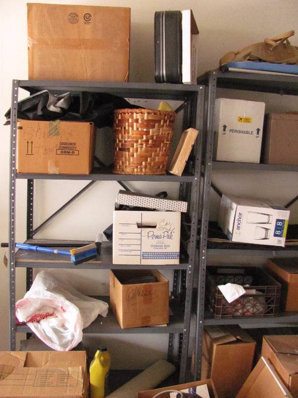 lot 7128 image: Metal Garage Shelves & Contents of boxes and containers