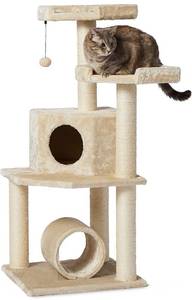 lot 55592 image: retails for 74.99 Amazon Basics Cat Tree Tower with Tunnel And Scratching Post - 19 x 19 x 43 Inches, Beige