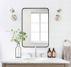 lot 55599 image: retails for 119.99 22 x30 inch brush black bathroom mirror, modern black mirror with rounded corners, black vanity mirror for bathroom, metal frame mirror, rectangle mirror portrait or landscape hang, restroom mirror