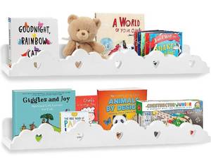 lot 55628 image: URBN White Two Shelf Set Wall Mounted Floating Shelves 22 inch, Book Storage Ledge Organizer Home Decor Display for Nursery or Kids Room