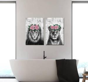 lot 55631 image: DuoBaorom 2 Pieces Set Lion and Lioness Canvas Wall Art King Animal Flower Crown Black and White Artwork for Bedroom Modern Home Decor Stretched and Framed Ready to Hang 16x24inchx2pcs