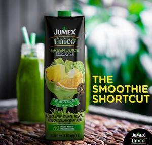 lot 55646 image: Jumex Unico Green Juice  100% Juice Blend of Apple, Orange, Pineapple, Nopal Cactus and Celery Juices  33.8 fl oz Tetra Pack (Pack of 12)