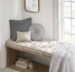 lot 55670 image: Intelligent Design Azza Floor Pillow Square Pouf Chenille Tufted with Scalloped Edge Design Hypoallergenic BenchChair Cushion, 20�� x 20�� x 5��, Ivory