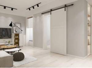 lot 55688 image: Amazon Basics Sliding Barn Door Hardware Kit, 6.6 Foot, J Shape, Black
